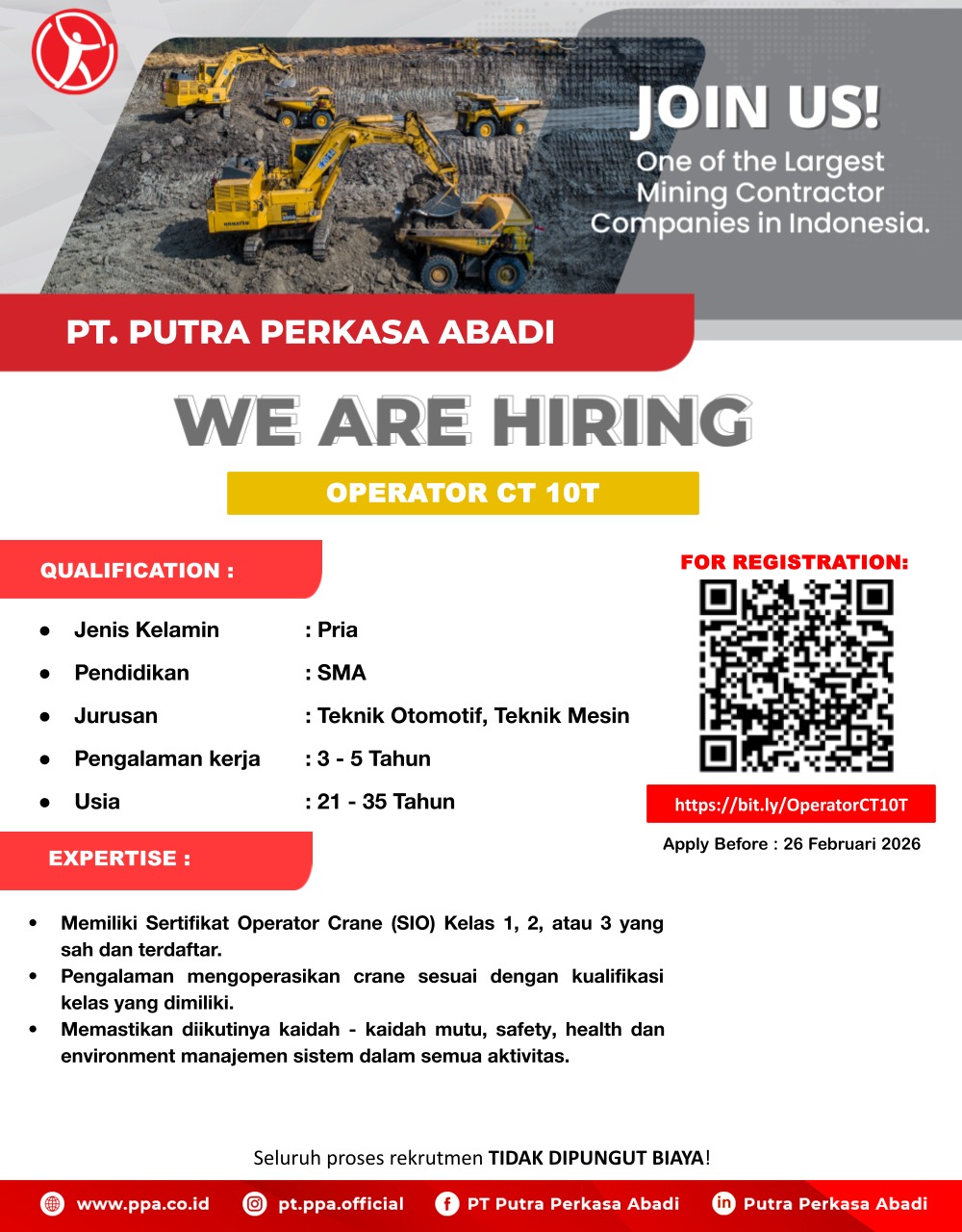 LOWONGAN KERJA – OPERATOR CT 10T