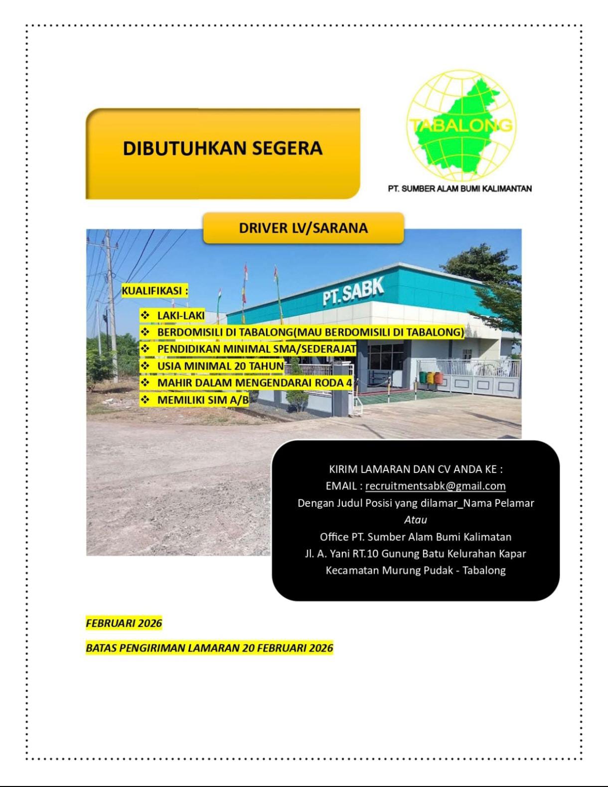 Lowongan Driver LV/ Sarana PT. Sumber Alam Bumi Kalimantan