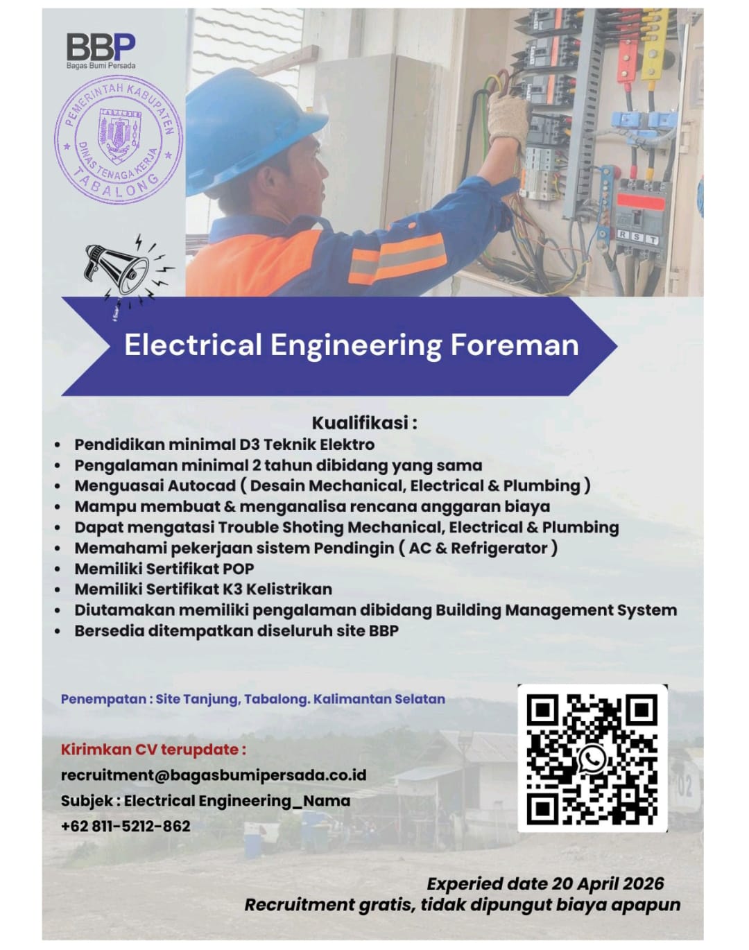 Lowongan Electrical Engineering Foreman PT. Bagas Bumi Persada