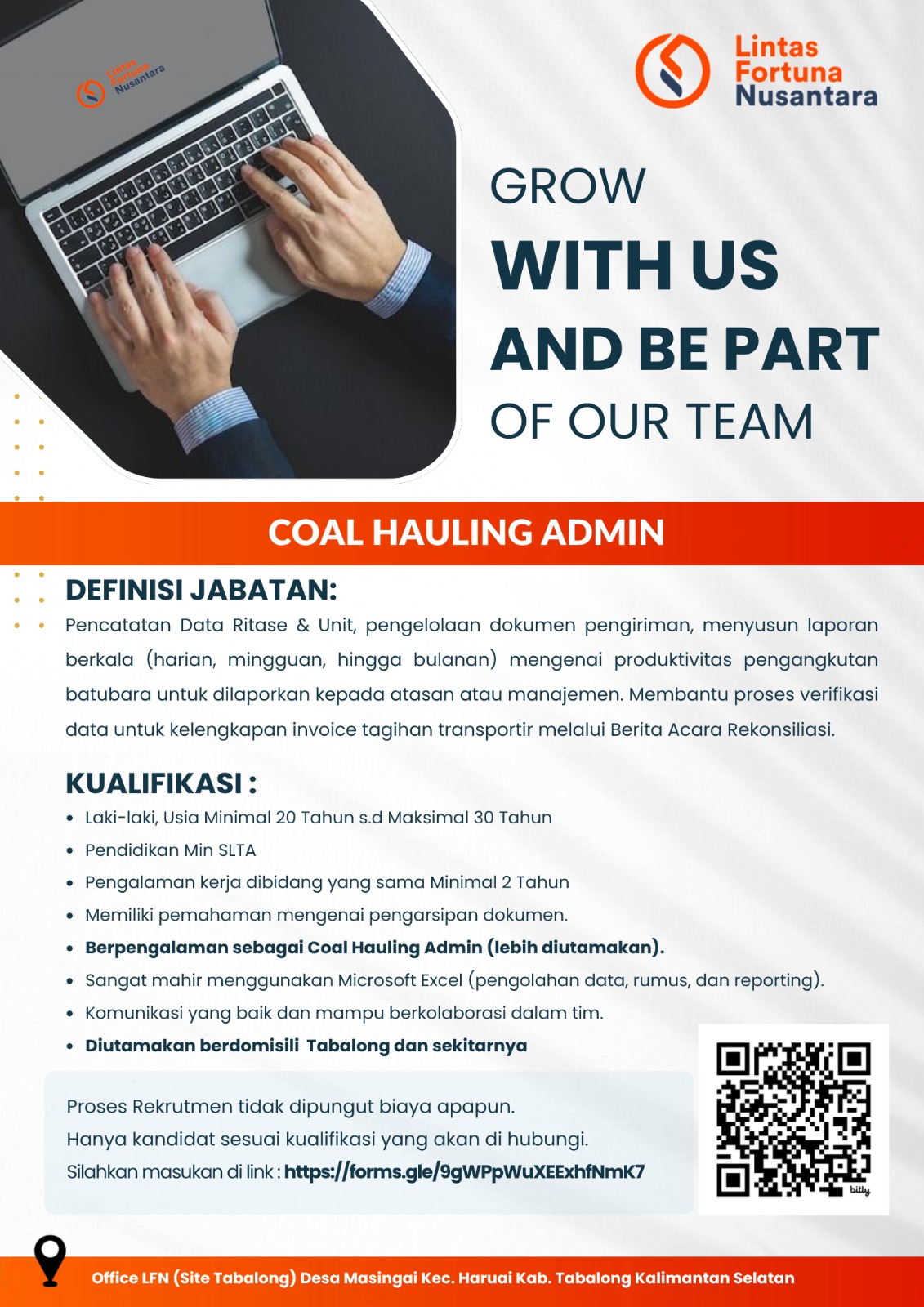 Lowongan Coal Hauling Admin PT. Lintas Fortuna Nusantara