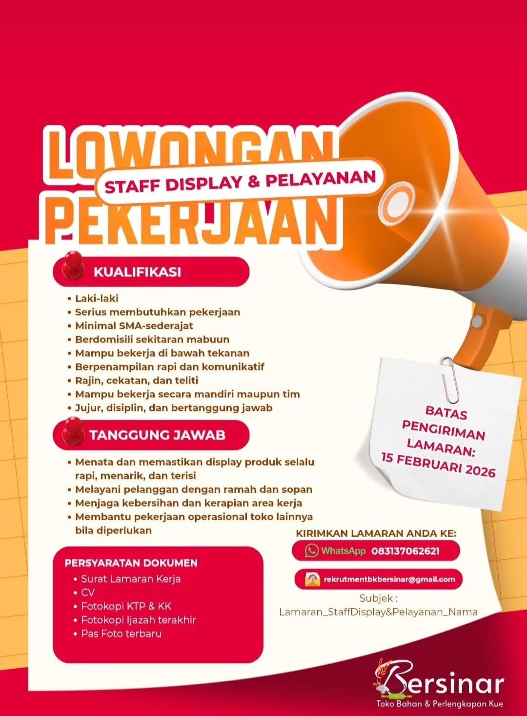 Lowongan Staff Display & Pelayanan Toko Bahan dan Perlengkapan Kue Bersinar