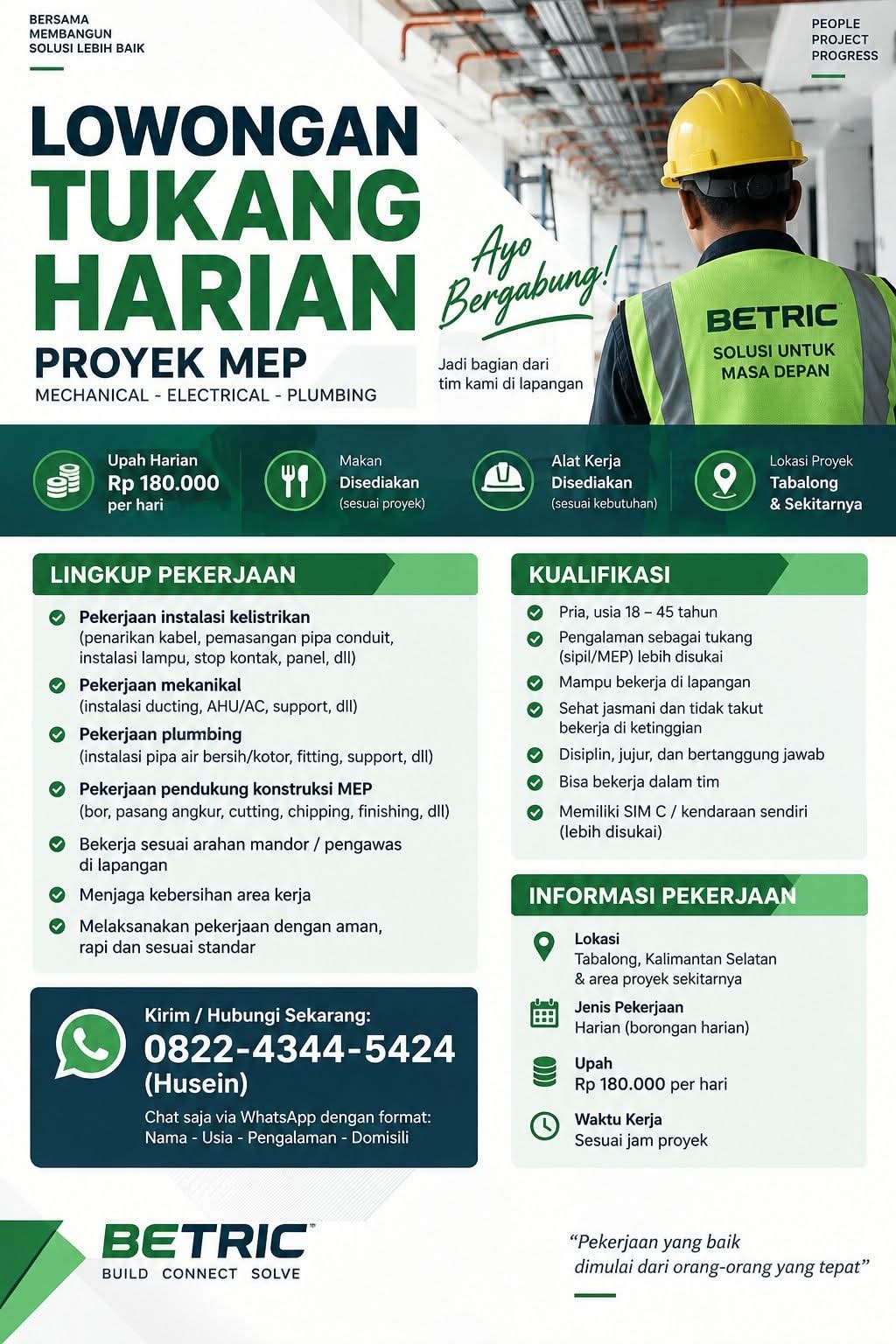 LOWONGAN TUKANG HARIAN  PROYEK MEP