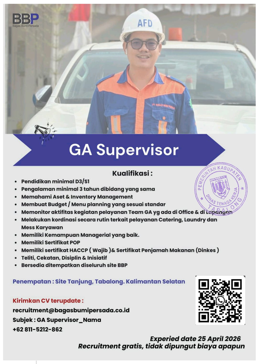 Lowongan GA Supervisor