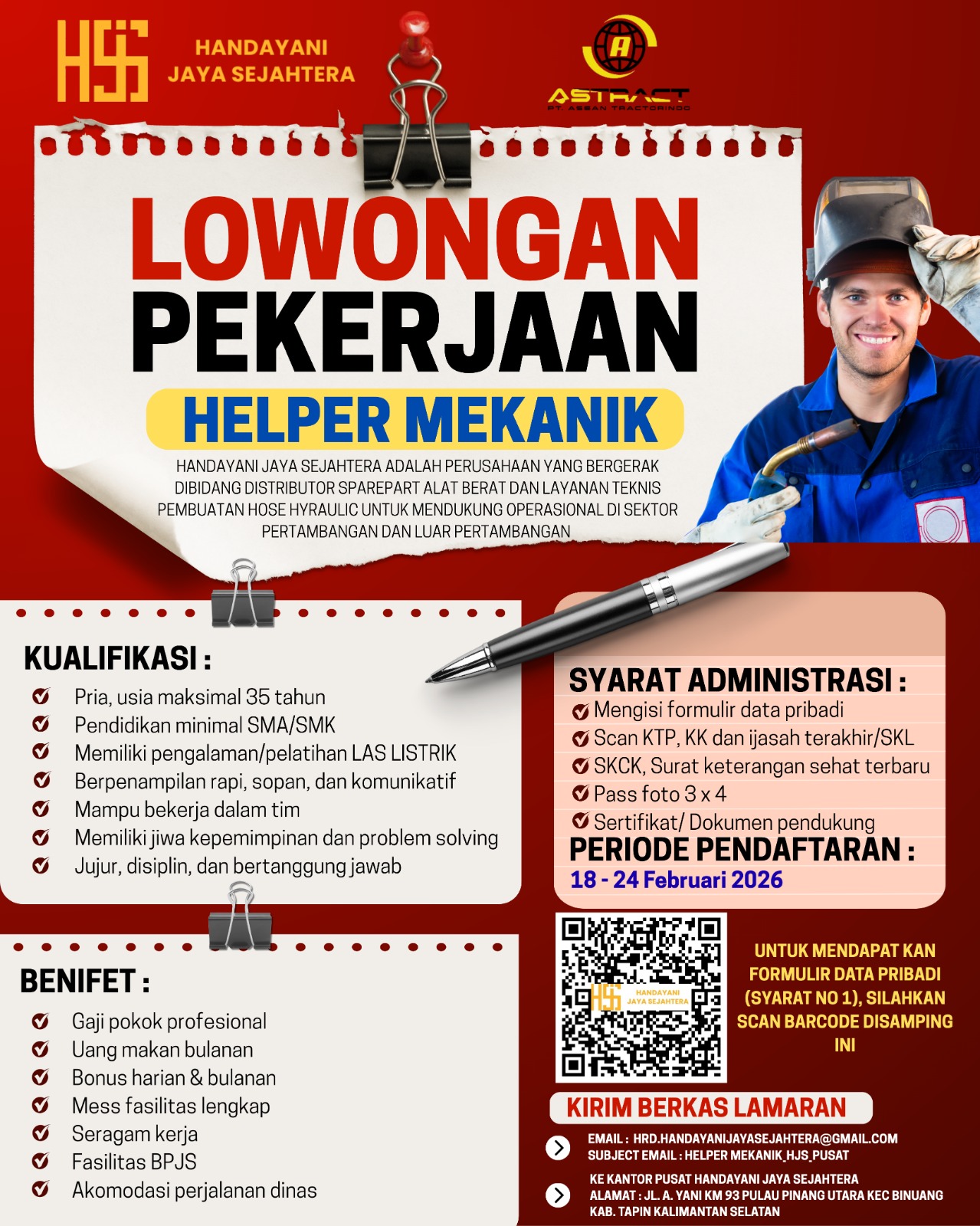 LOWONGAN PEKERJAAN – HELPER MEKANIK