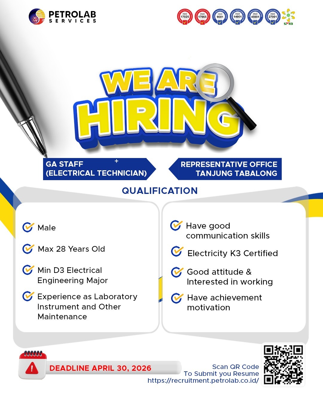 Lowongan GA STAFF Electrical Technician di Petrolab Services