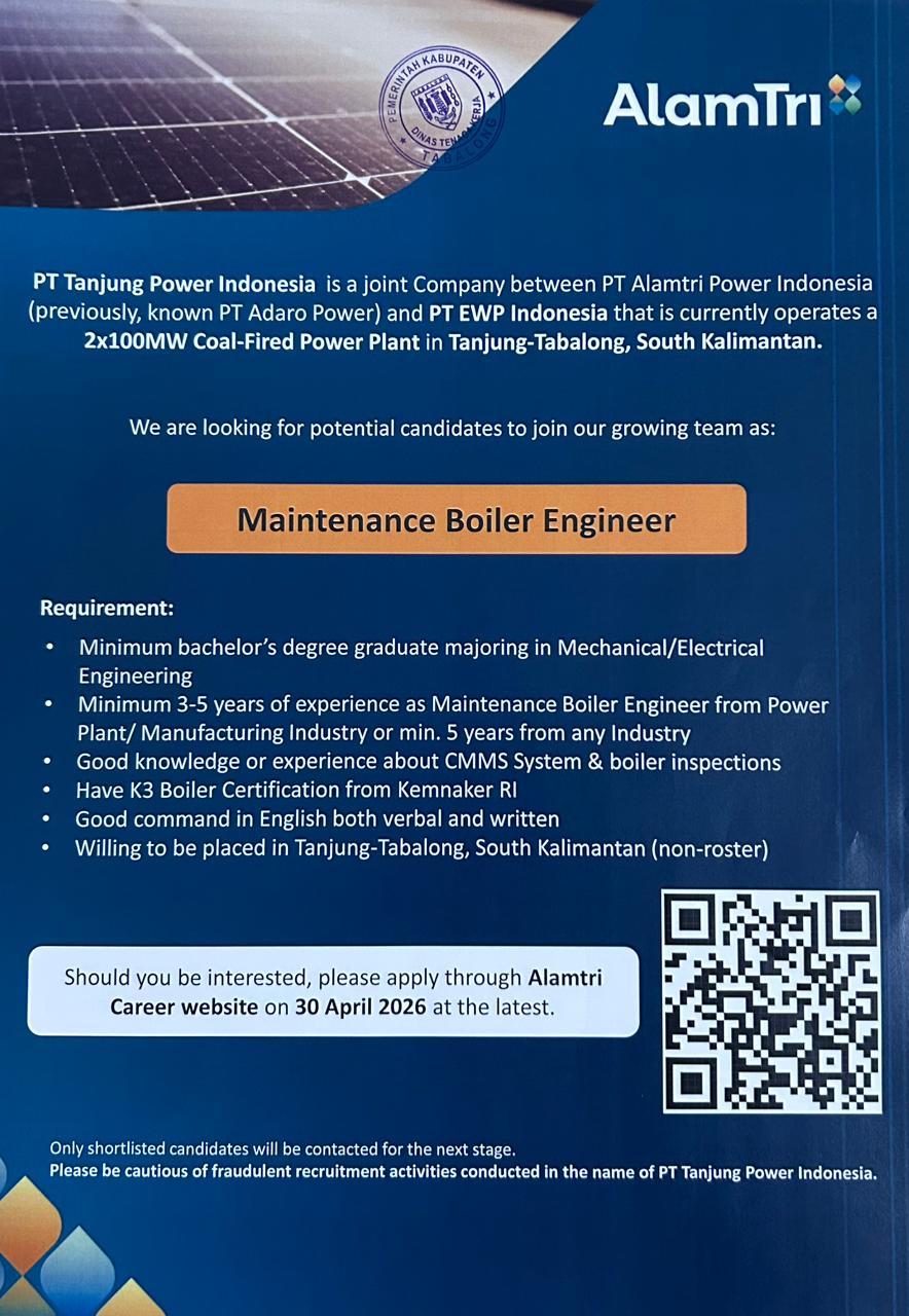 Lowongan Maintenance Boiler Engineer PT. Tanjung Power Indonesia