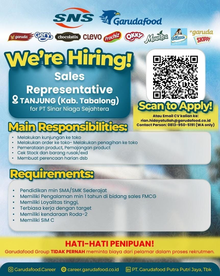 Lowongan Sales Representative PT.Sinar Niaga Sejahtera