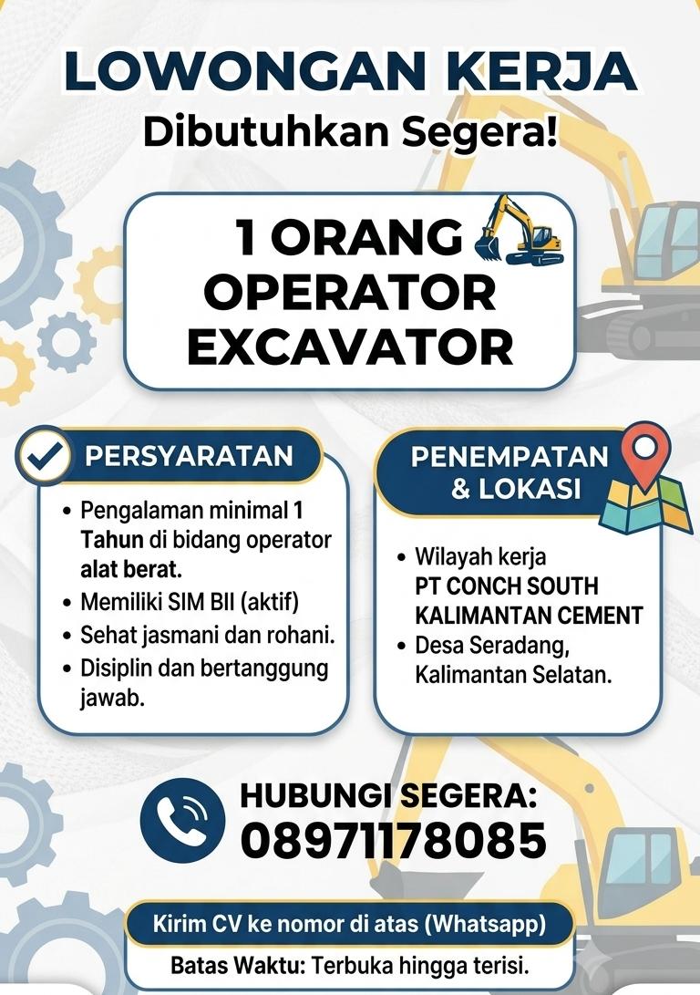 Lowongan Excavator PT. Conch South Kalimantan Cement
