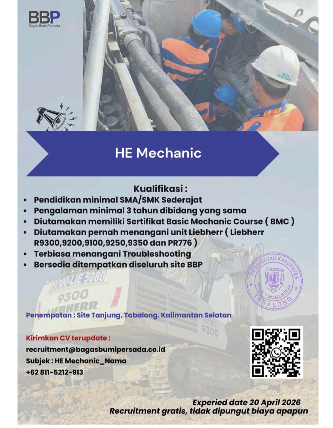 Lowongan HE Mechanic PT. Bagas Bumi Persada