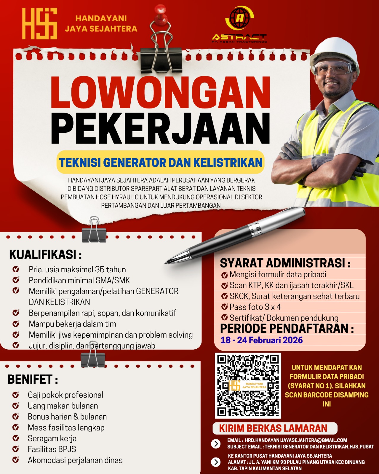 LOWONGAN PEKERJAAN – TEKNISI GENERATOR DAN KELISTRIKAN